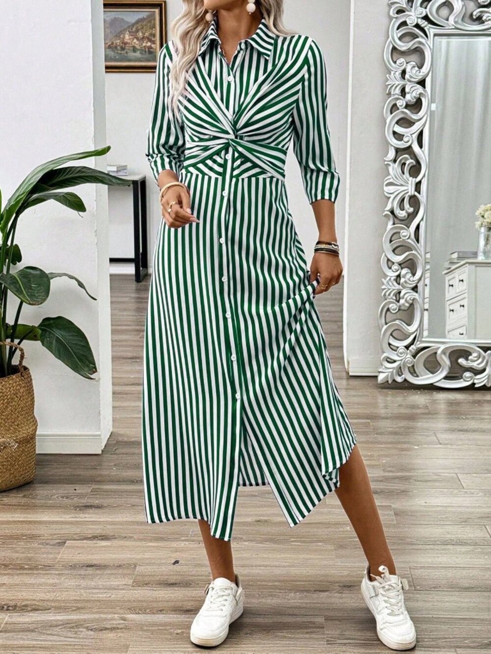 Green Casual Women's Mid-Length Sleeve Long Dress - Picture 3 of 5